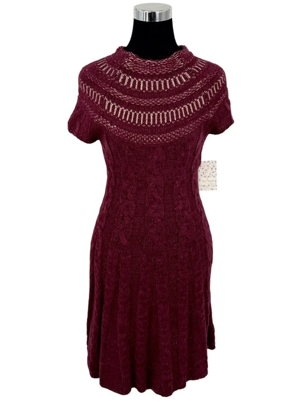 NWT Free People Dark Cherry Sequin Fit & Flare Sweater Dress | Mob Wife Coquette - Picture 2 of 16